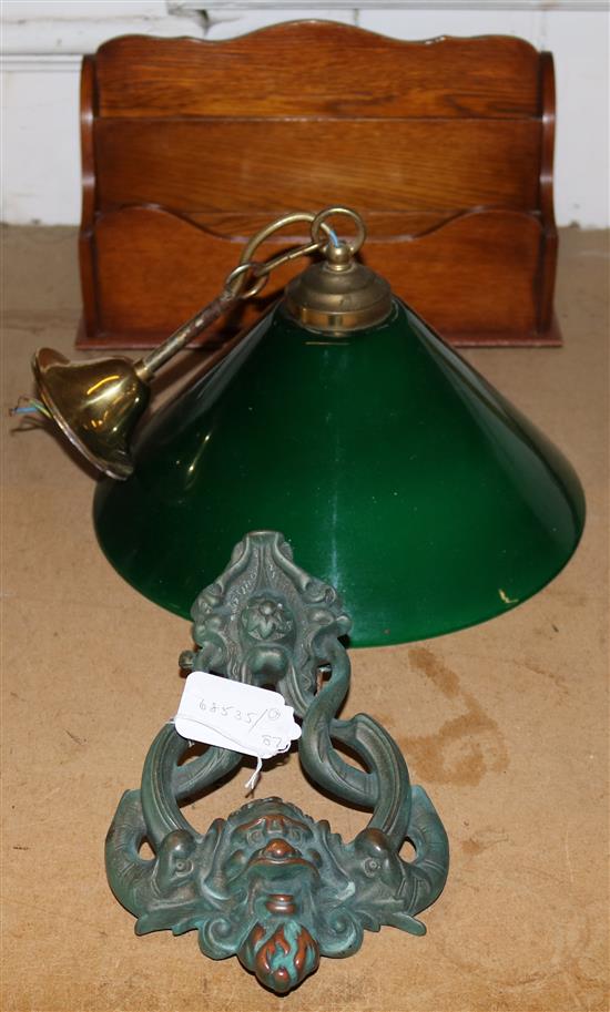 Book rack, green glass shade & door knocker